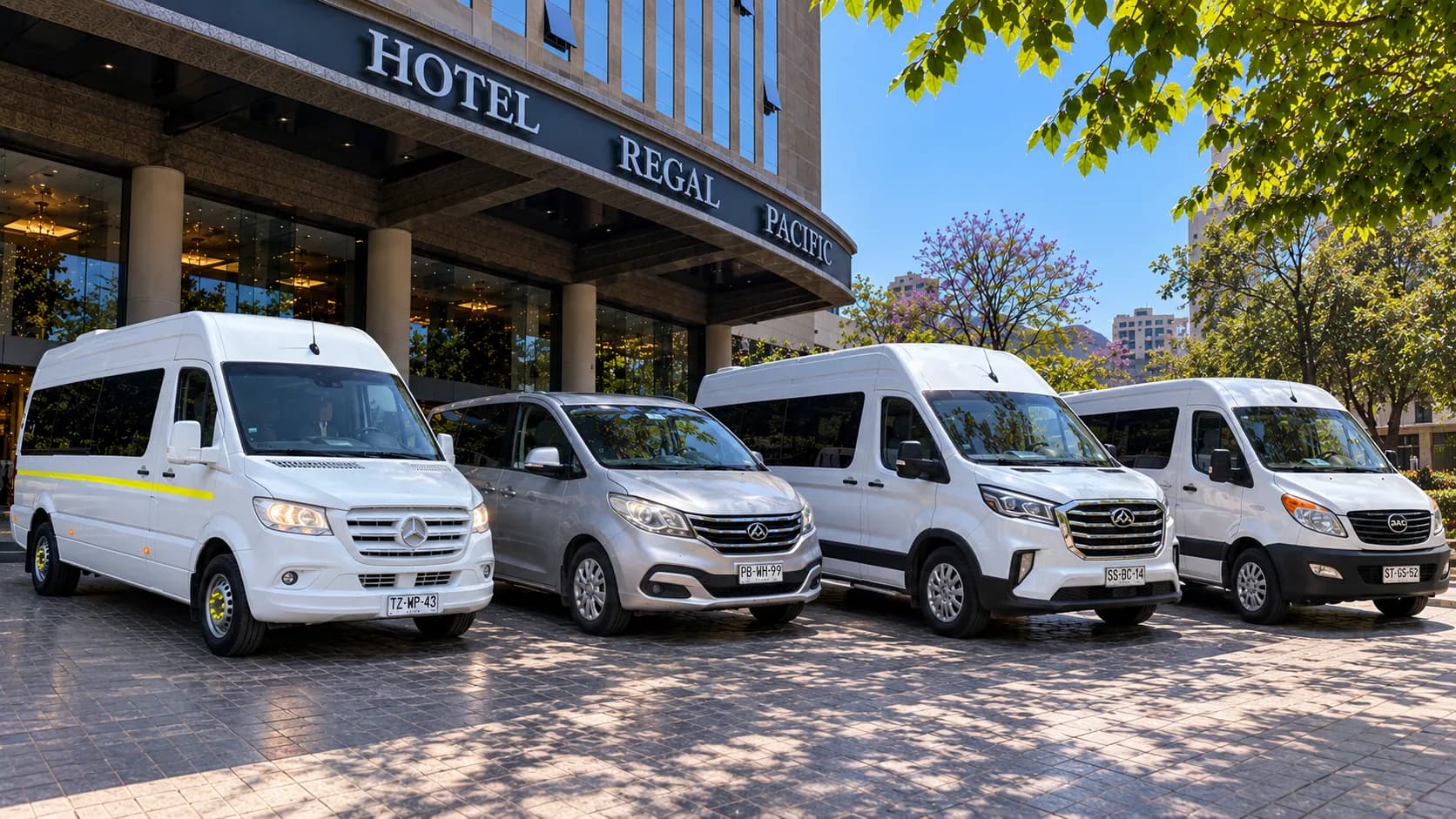 Cuatro vans estacionadas frente a la entrada de un hotel, con árboles y edificios al fondo